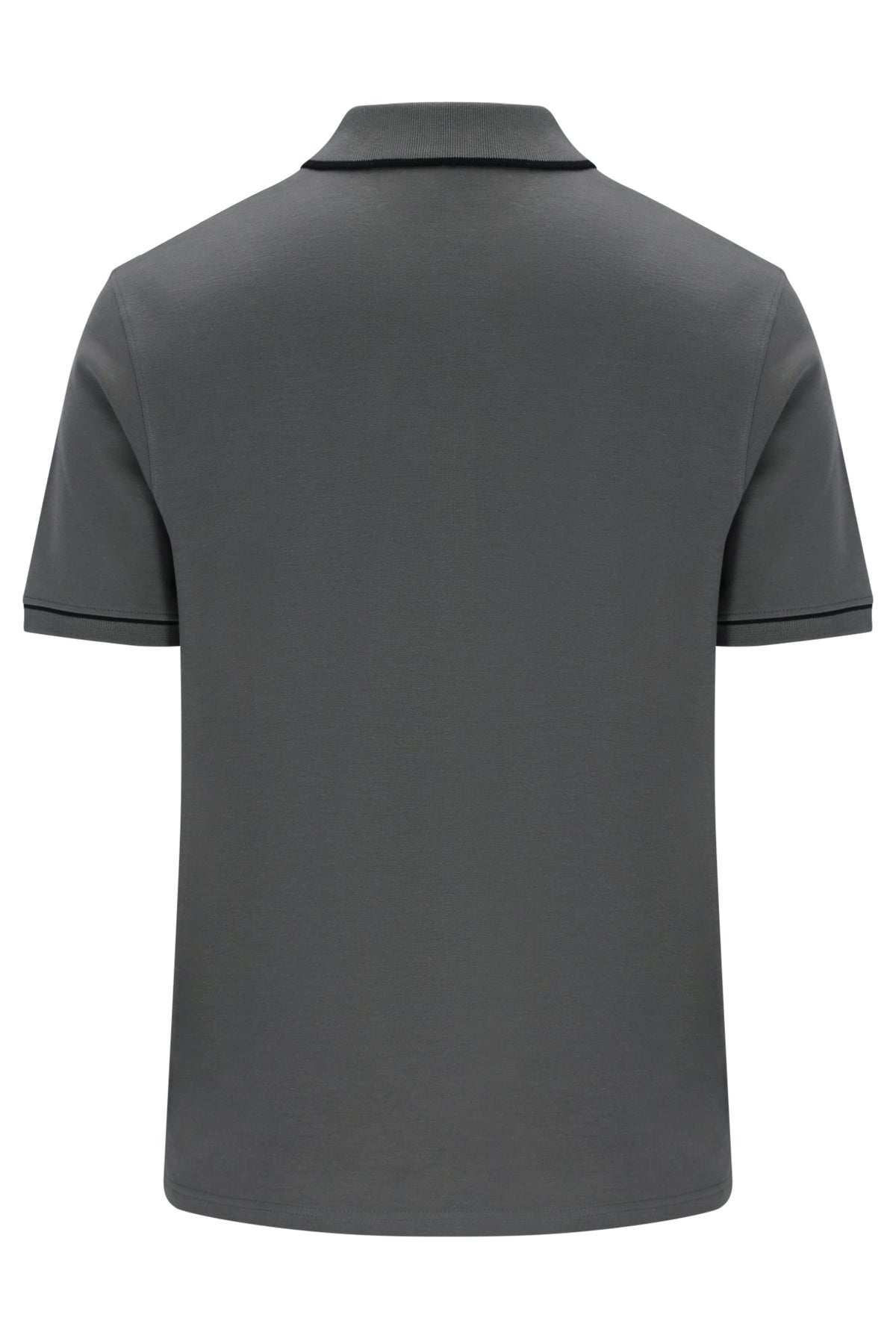 A dark gray short-sleeve polo shirt shown from the back, featuring a classic collar and subtle dark piping along the sleeve cuffs, set against a plain white background.
