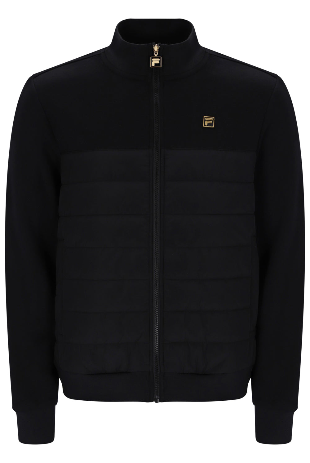 A black zip-up jacket with a quilted horizontal chest panel, a stand-up collar, and small gold Fila logo patches on the chest and zipper pull, shown against a plain white background.