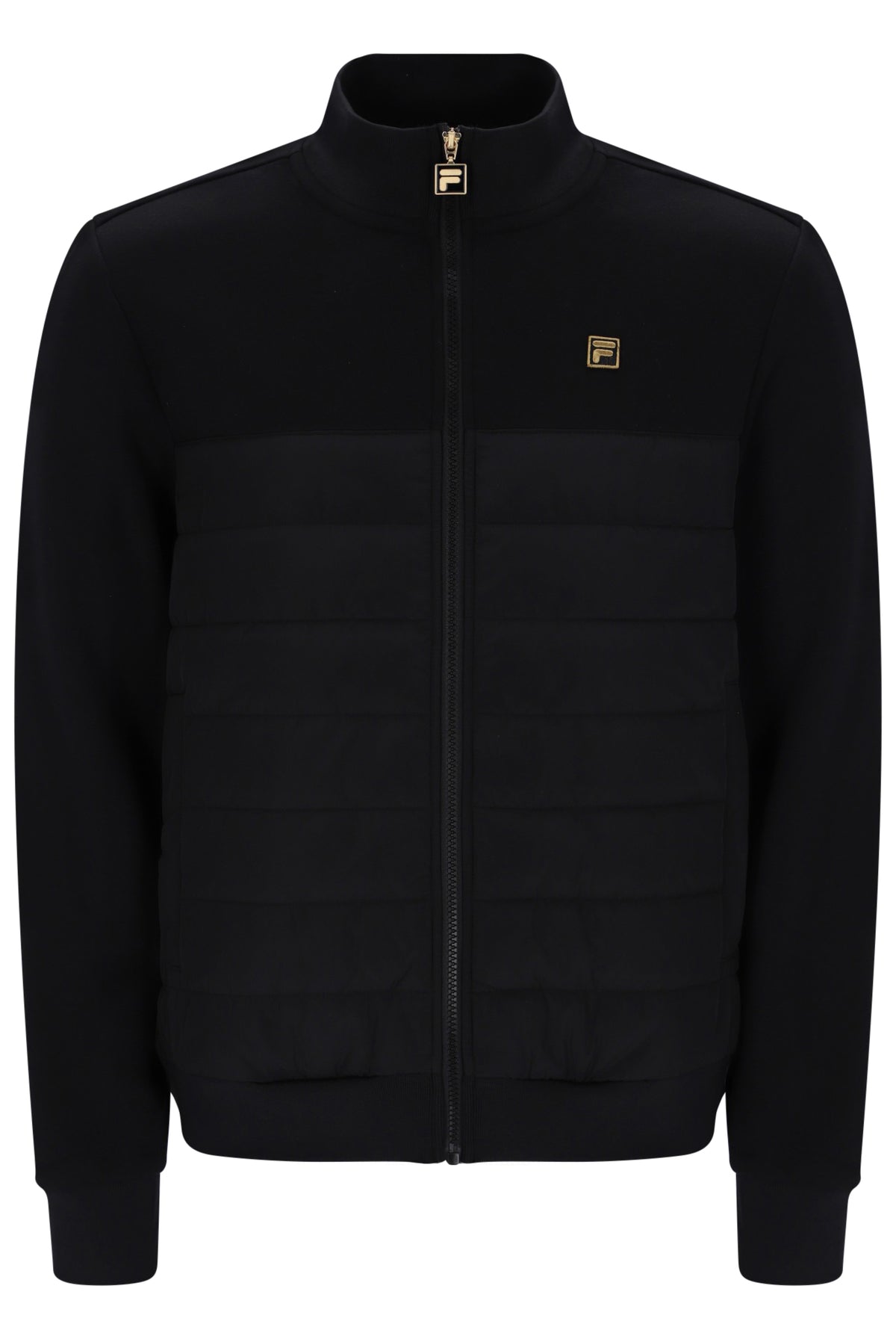 A black zip-up jacket with a quilted horizontal chest panel, a stand-up collar, and small gold Fila logo patches on the chest and zipper pull, shown against a plain white background.