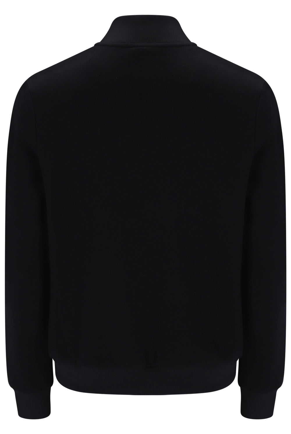 A black long-sleeve knit top with a mock neck collar, shown from the back against a plain white background.