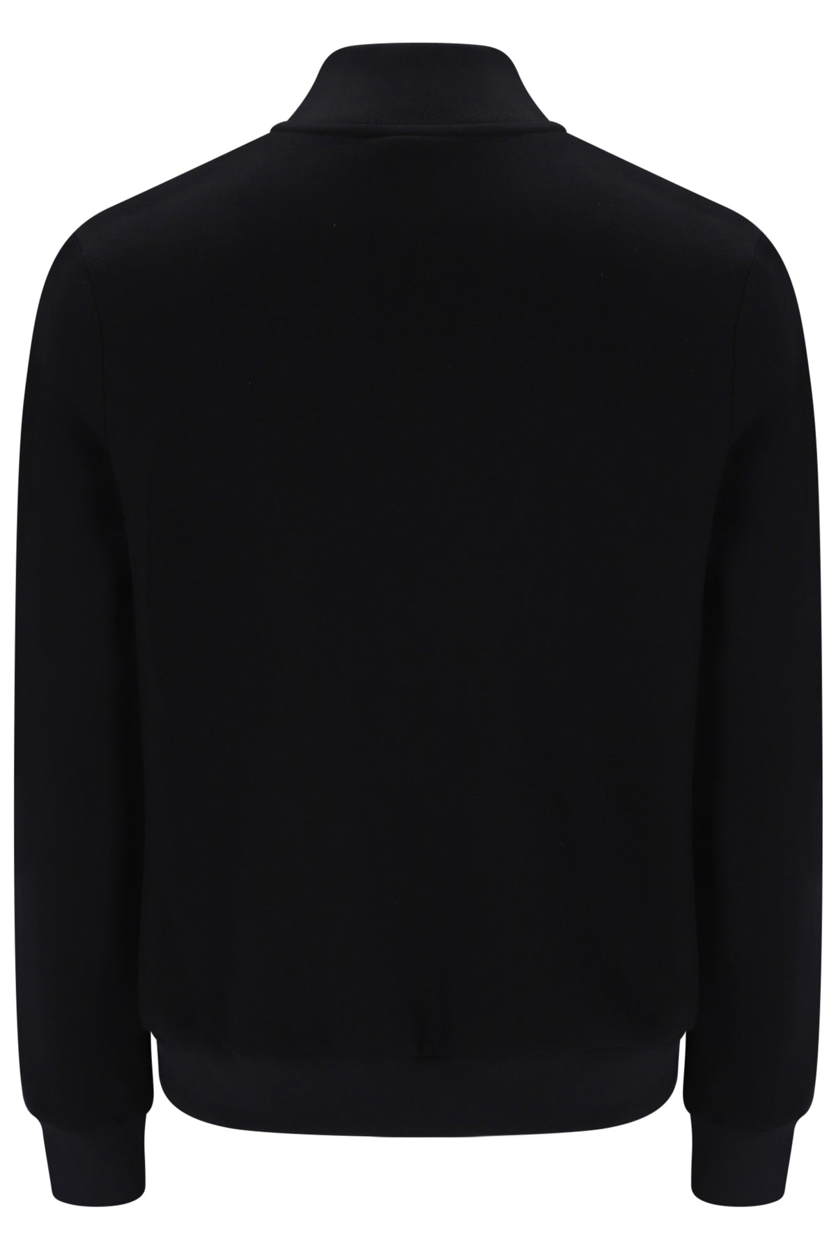 A black long-sleeve knit top with a mock neck collar, shown from the back against a plain white background.