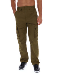 Displays a model wearing the Dark Olive 'FILA' branded Oscar Cargo Pants