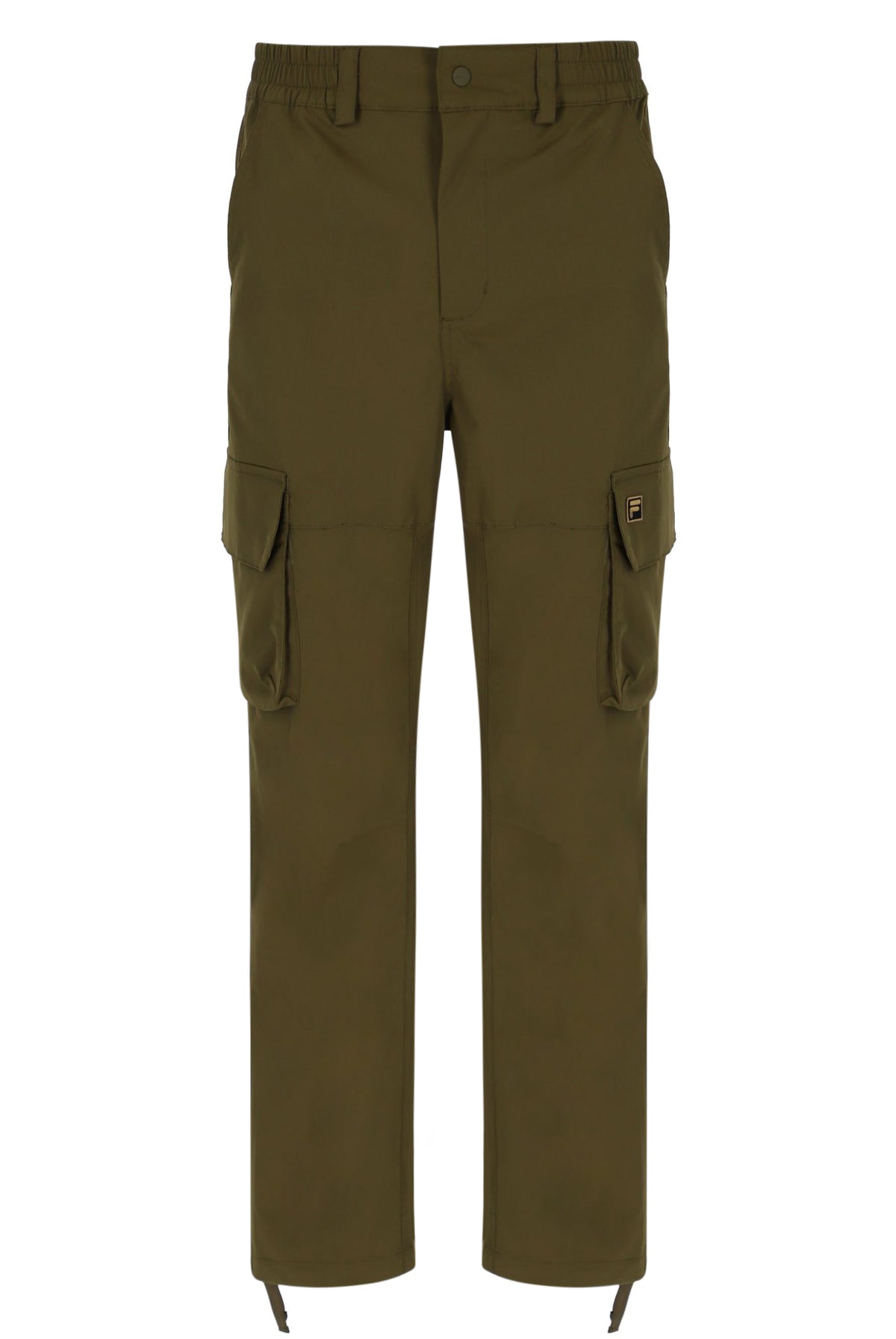 Displays the Dark Olive 'FILA' branded Oscar Cargo Pants