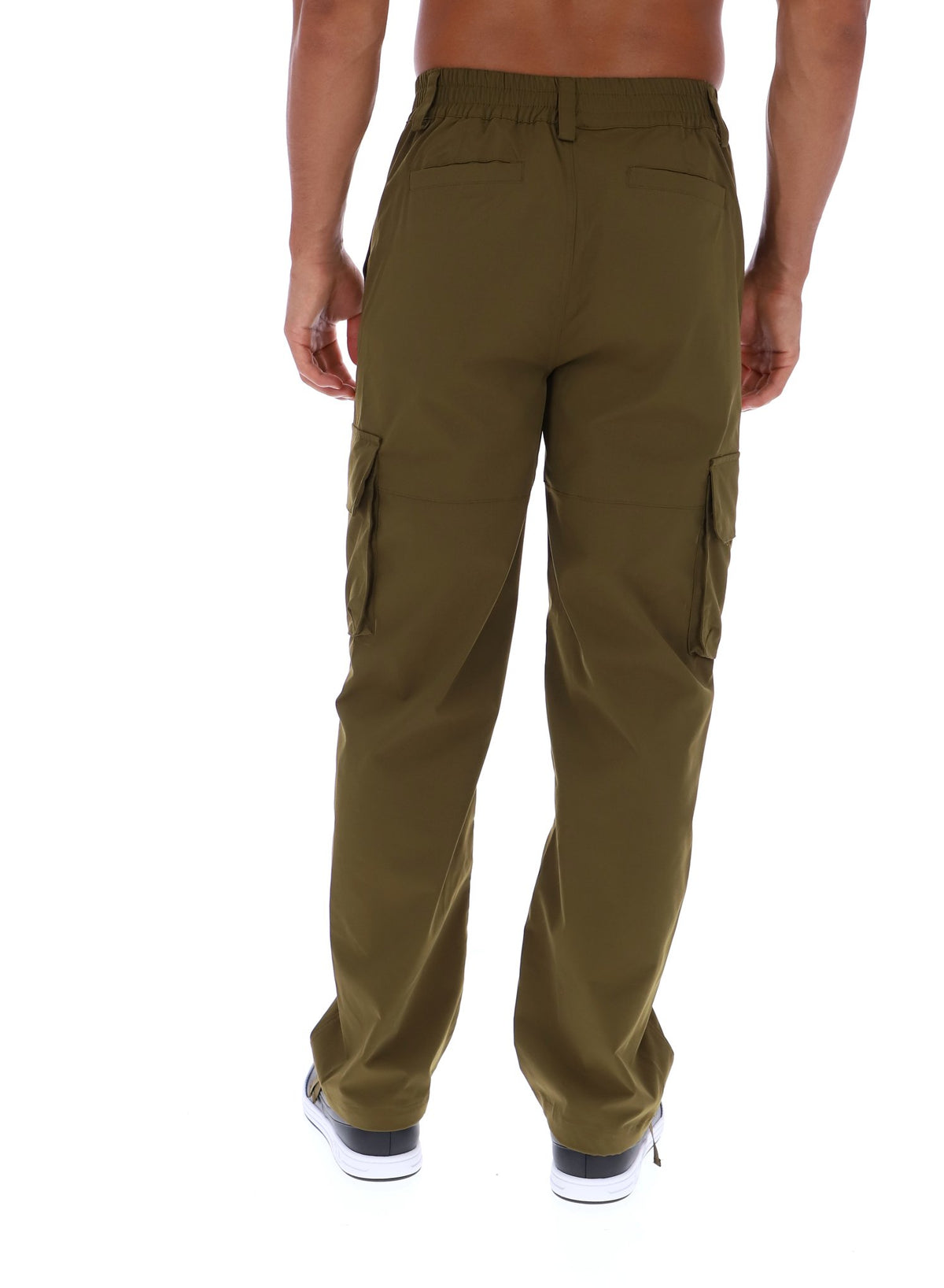 Displays a model wearing the Dark Olive 'FILA' branded Oscar Cargo Pants