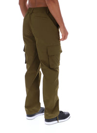 Displays a model wearing the Dark Olive 'FILA' branded Oscar Cargo Pants