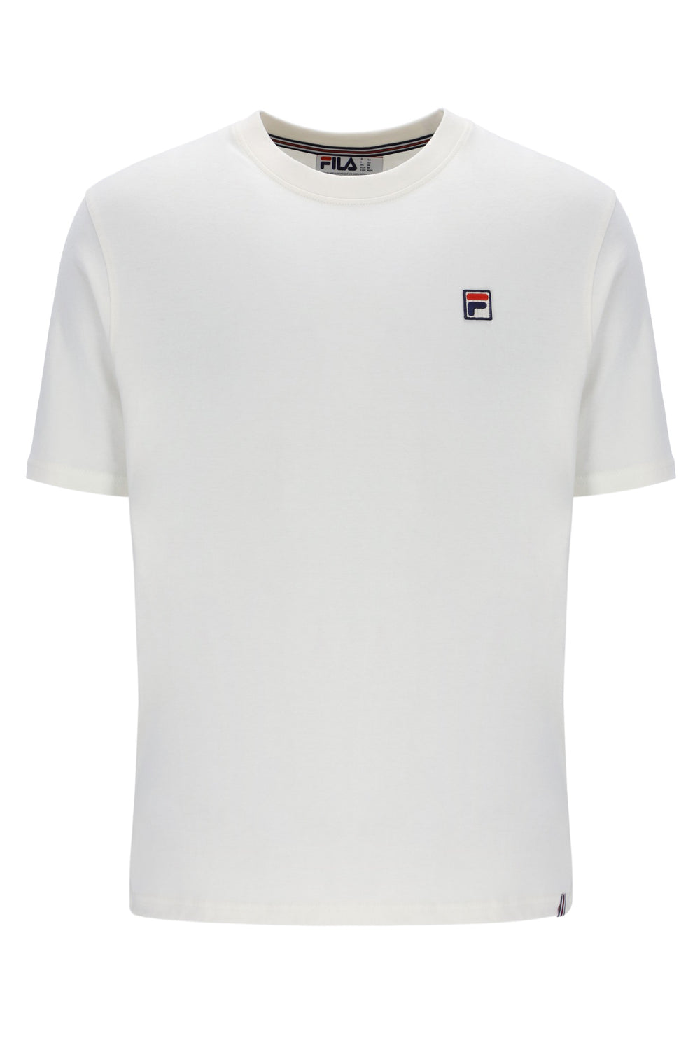 White t-shirt with a small logo on a white background