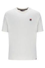 White t-shirt with a small logo on a white background