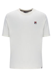 White t-shirt with a small logo on a white background
