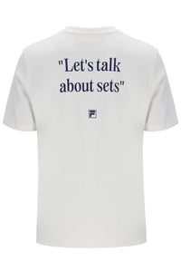 White t-shirt with text 'Let's talk about sets' on a white background