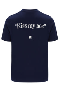 Navy blue t-shirt with 'Kiss my ace' text and a FILA logo on a white background