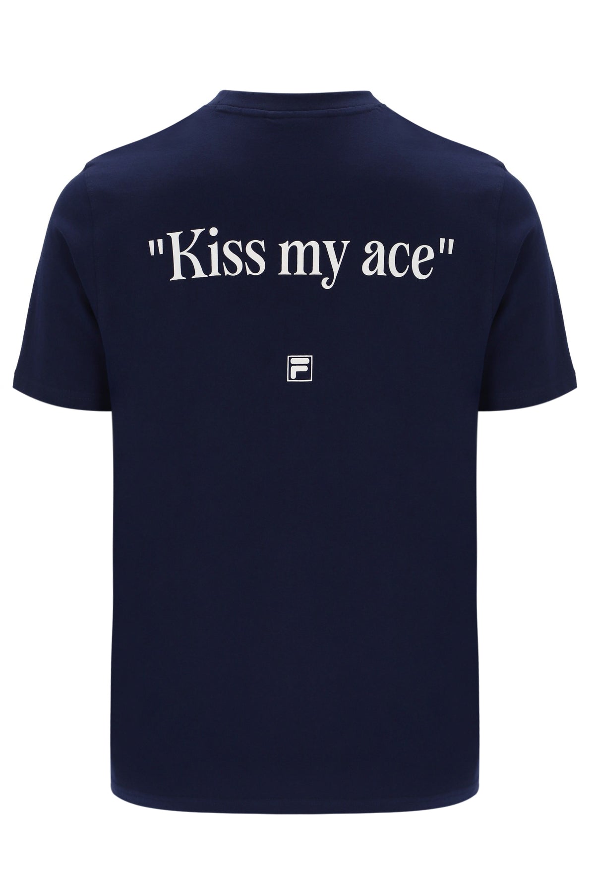 Navy blue t-shirt with 'Kiss my ace' text and a FILA logo on a white background