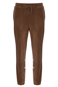 Brown velour jogger pants with a drawstring on a white background