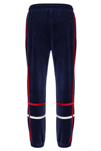 Navy tracksuit pants with red and white stripes on a white background