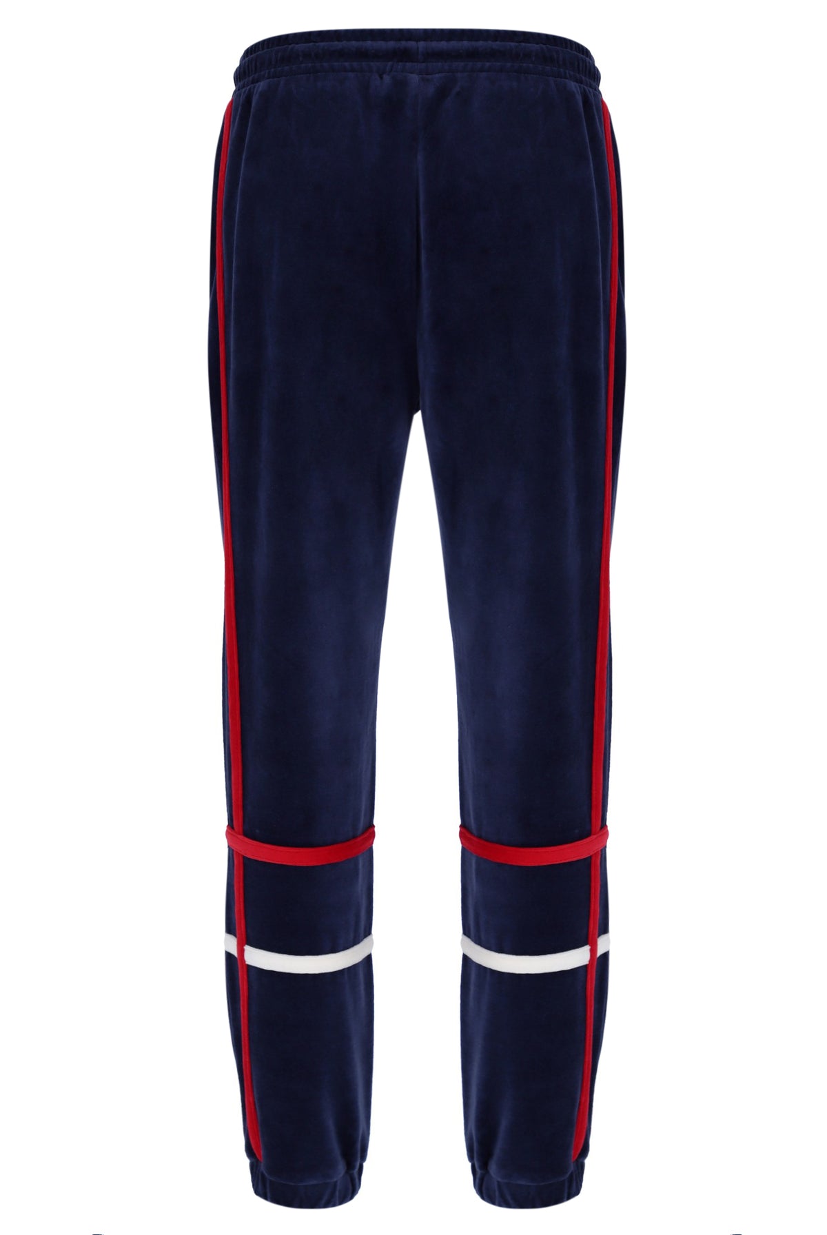 Navy tracksuit pants with red and white stripes on a white background