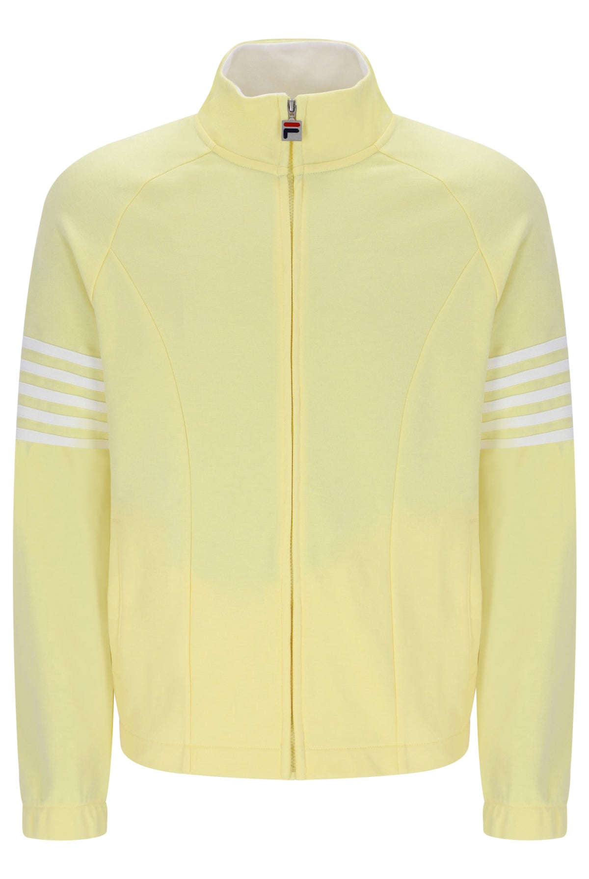 A pale yellow track jacket with a stand-up collar, front zipper, and three white stripes on each sleeve, shown against a plain white background.