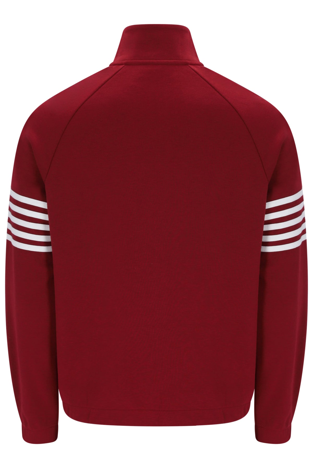 A dark red long-sleeve athletic jacket with a mock neck and white stripes on the upper sleeves, shown from the back against a plain white background.