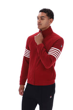 Displays a model wearing the Sun Dried 'FILA' branded Tomato/ White Patrice Cut And Sew Jacket