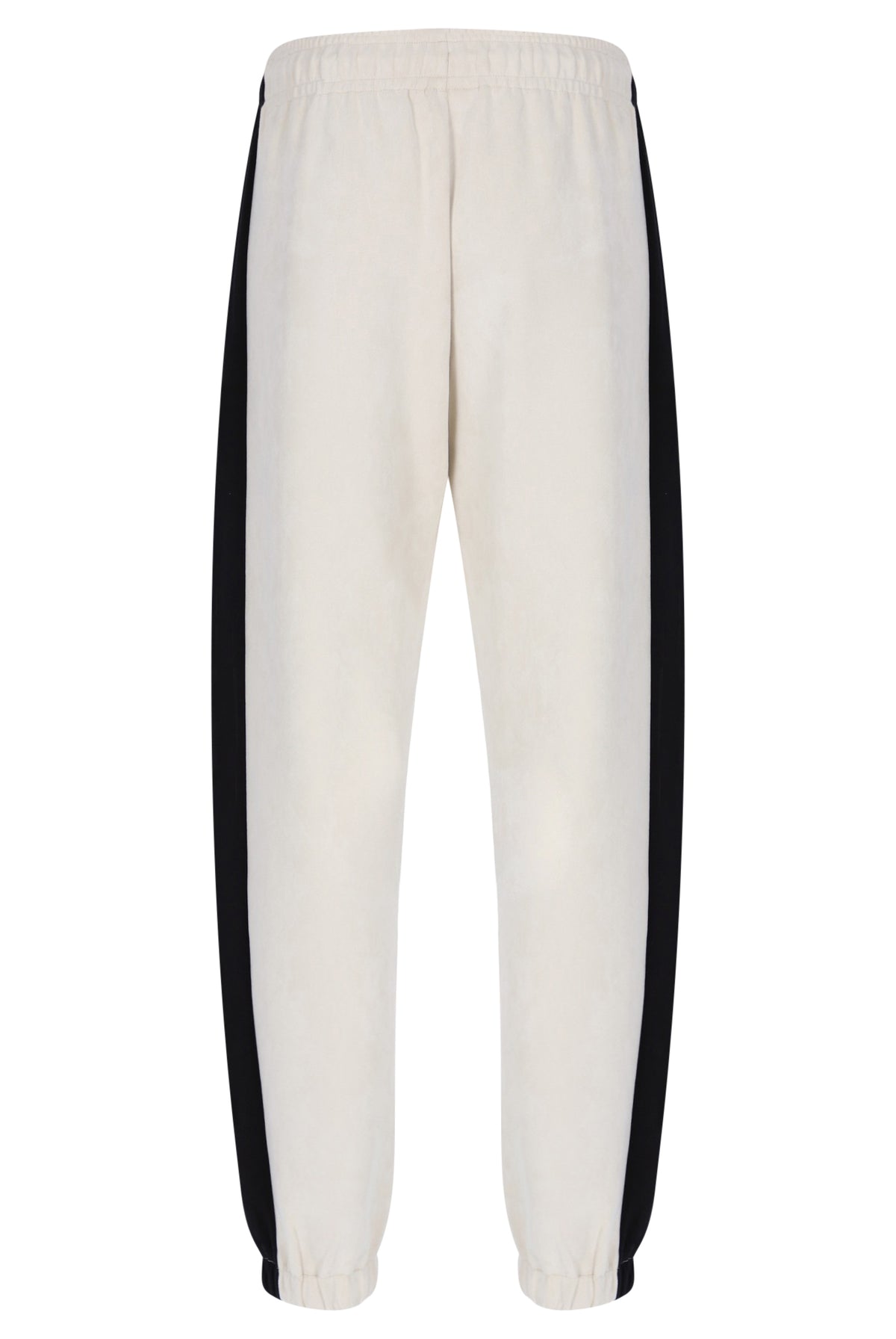 Off-white sweatpants with black side stripes, shown from the back against a plain white background.