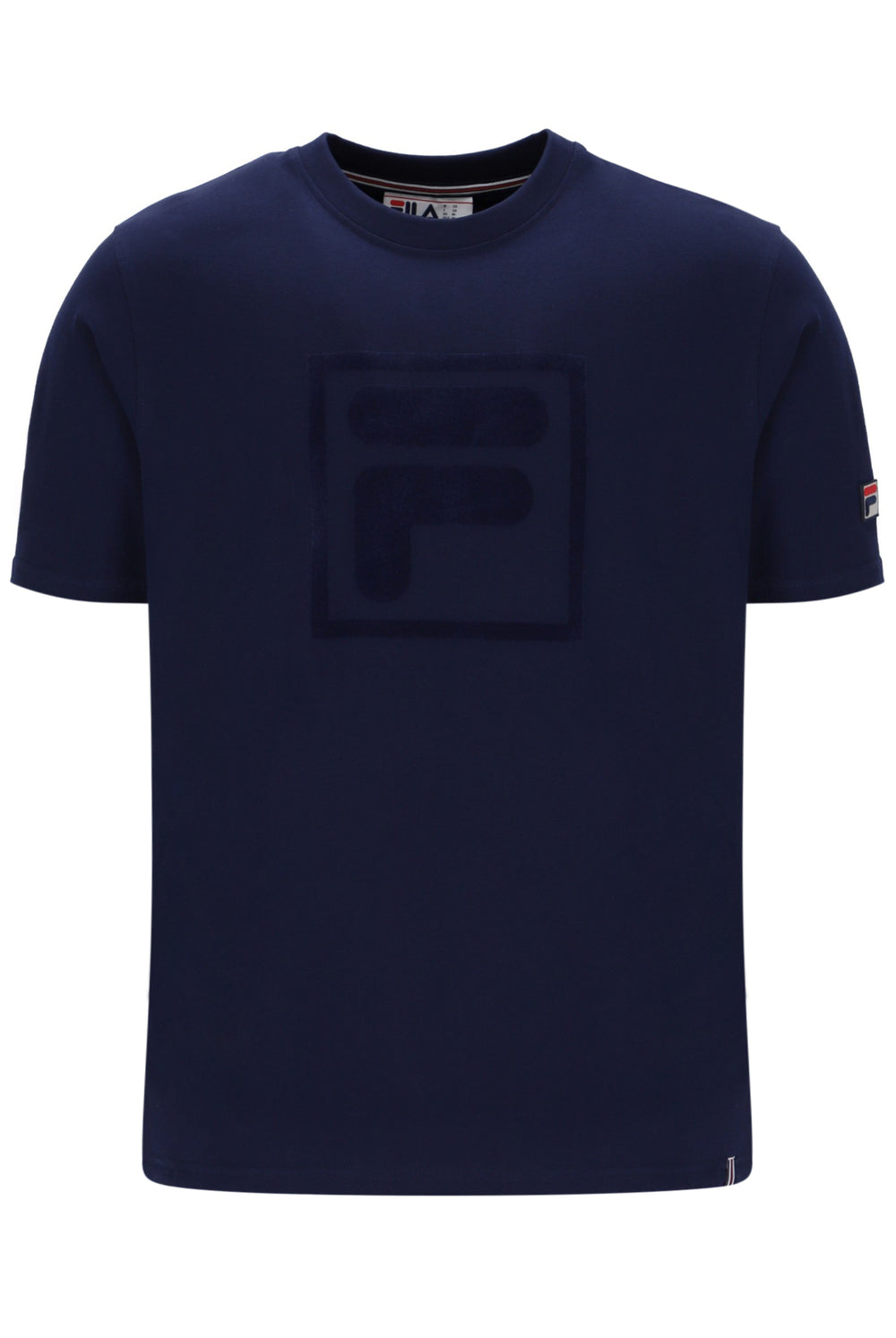 Navy blue t-shirt with a FILA logo on the chest and sleeve on a white background