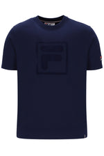 Navy blue t-shirt with a FILA logo on the chest and sleeve on a white background