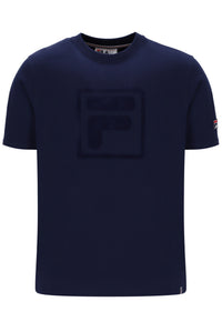 Navy blue t-shirt with a FILA logo on the chest and sleeve on a white background