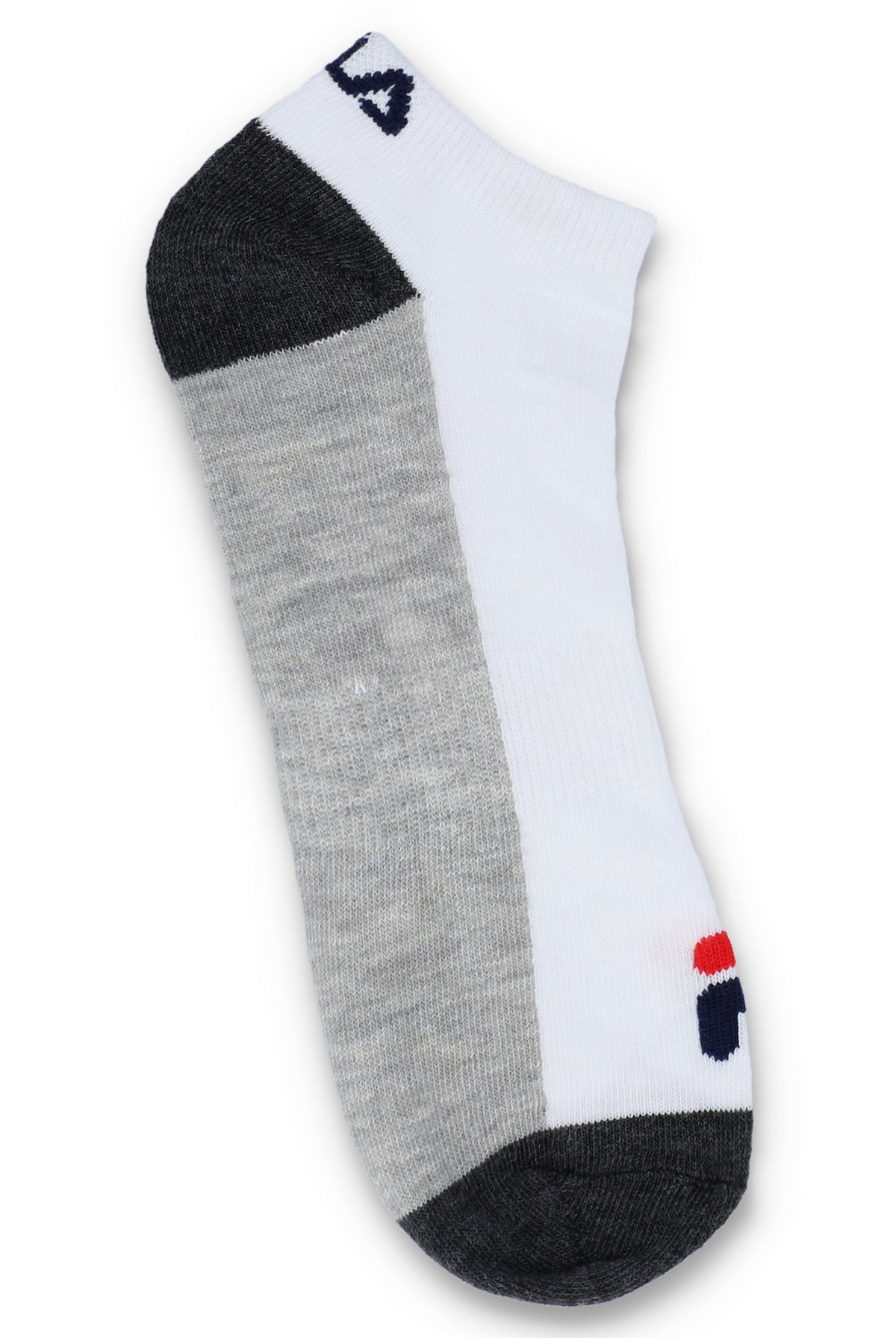 FILA branded sock in white, red, and grey colours displayed on a hanger.