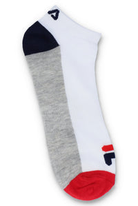 A pack of six FILA branded socks in white, red, navy blue and grey colours displayed on a hanger.