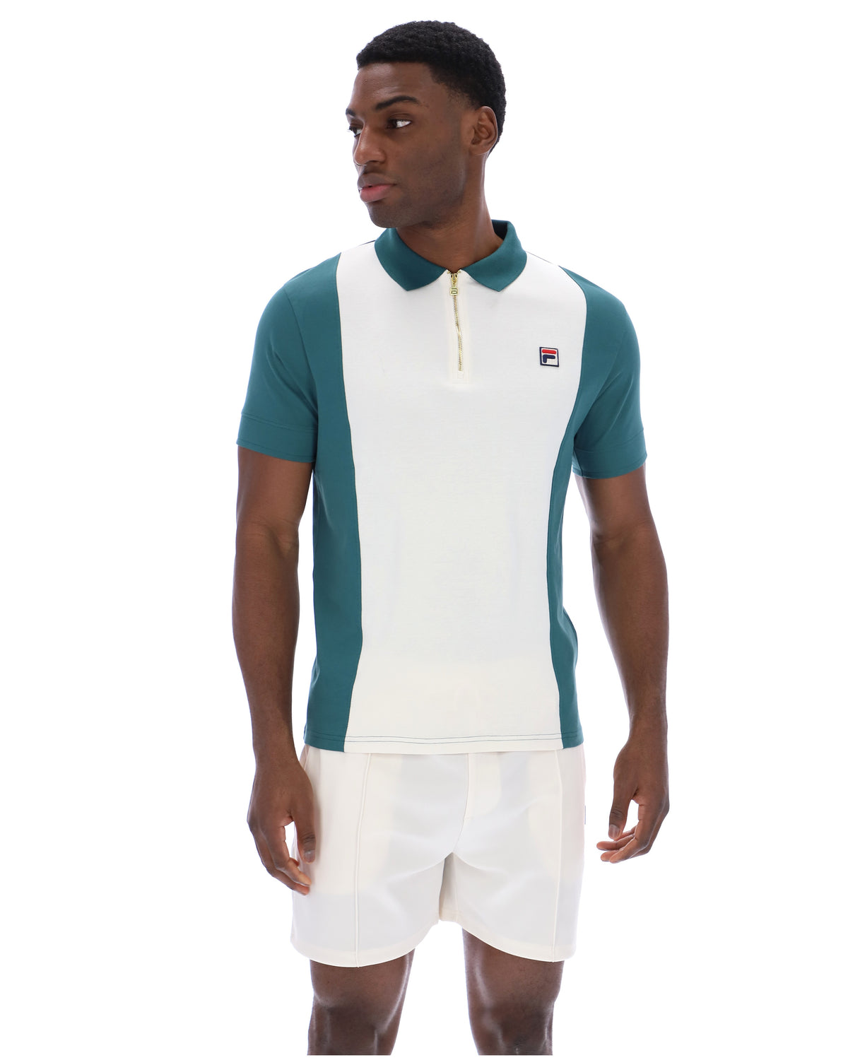 Displays a model wearing the Mediterranea 'FILA' branded Pierro Zip Up Polo