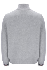 Displays a model wearing Grey 'FILA' branded Marl Ramy F-Box 1/4 Zip With Yarn Dye Cuff