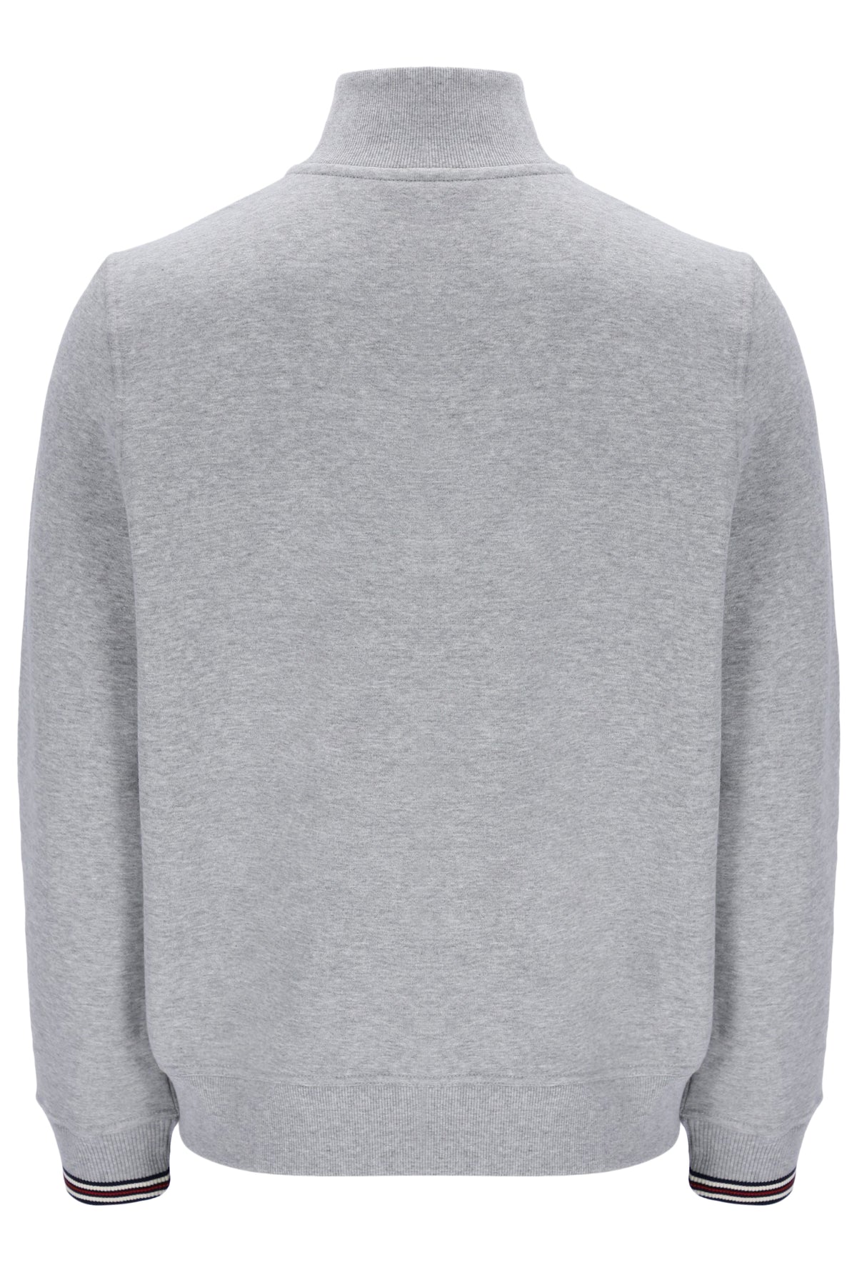 Displays a model wearing Grey 'FILA' branded Marl Ramy F-Box 1/4 Zip With Yarn Dye Cuff