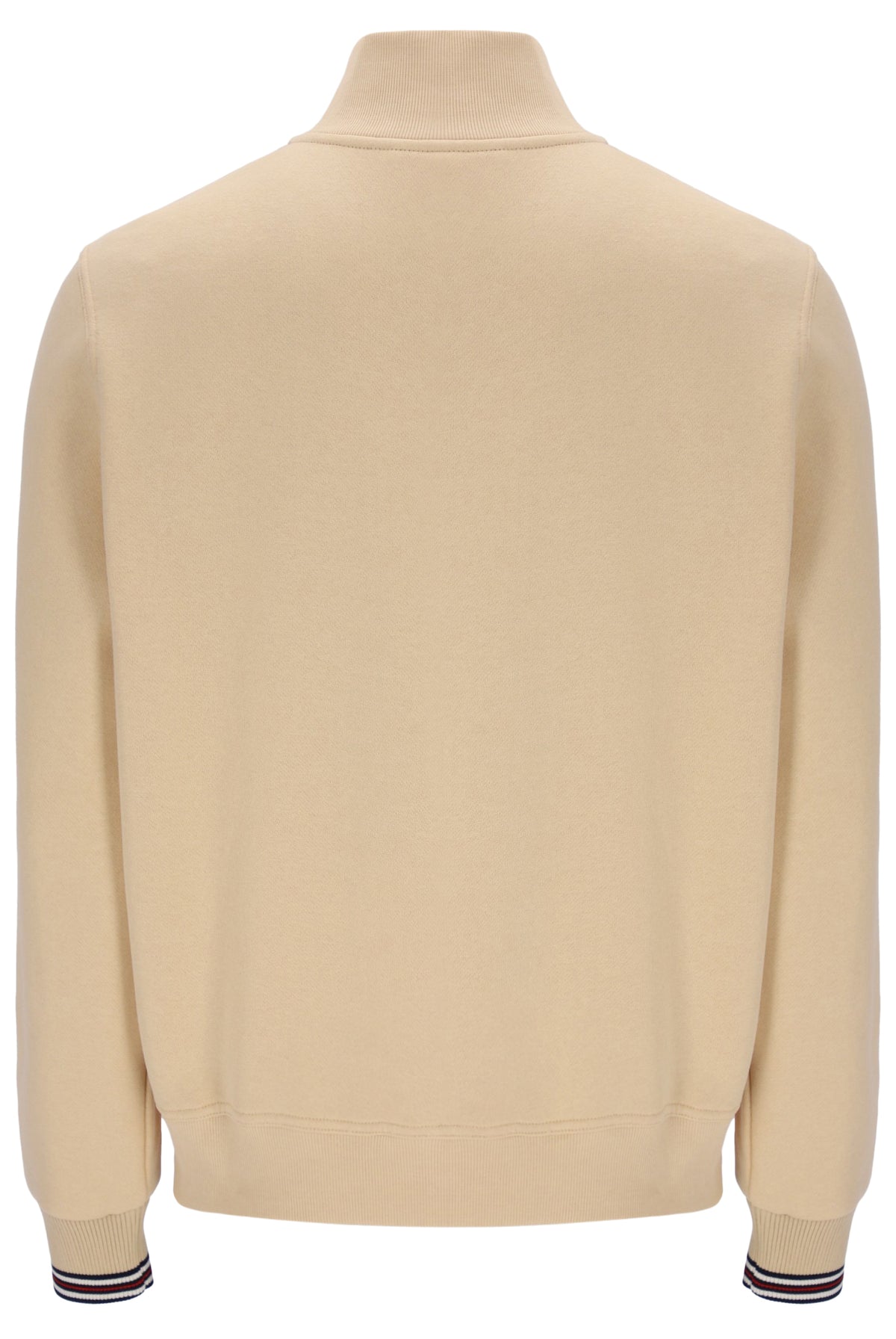 Beige sweater with striped cuffs on a white background