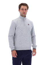 Displays a model wearing the Grey Marl 'FILA' branded Ramy F-Box 1/4 Zip With Yarn Dye Cuff