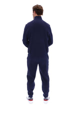 Displays a model wearing the 'FILA' branded Navy Ramy F-Box 1/4 Zip Up Jumper
