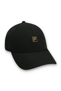 Black cap with a gold FILA logo on a white background