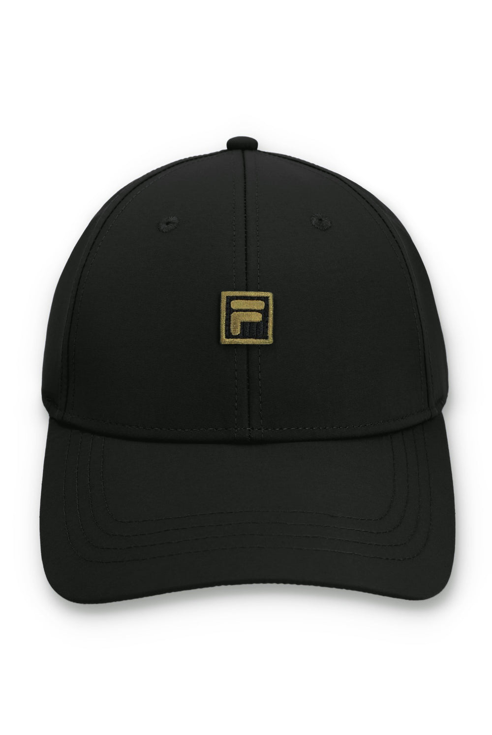 Black cap with a gold FILA logo on a white background
