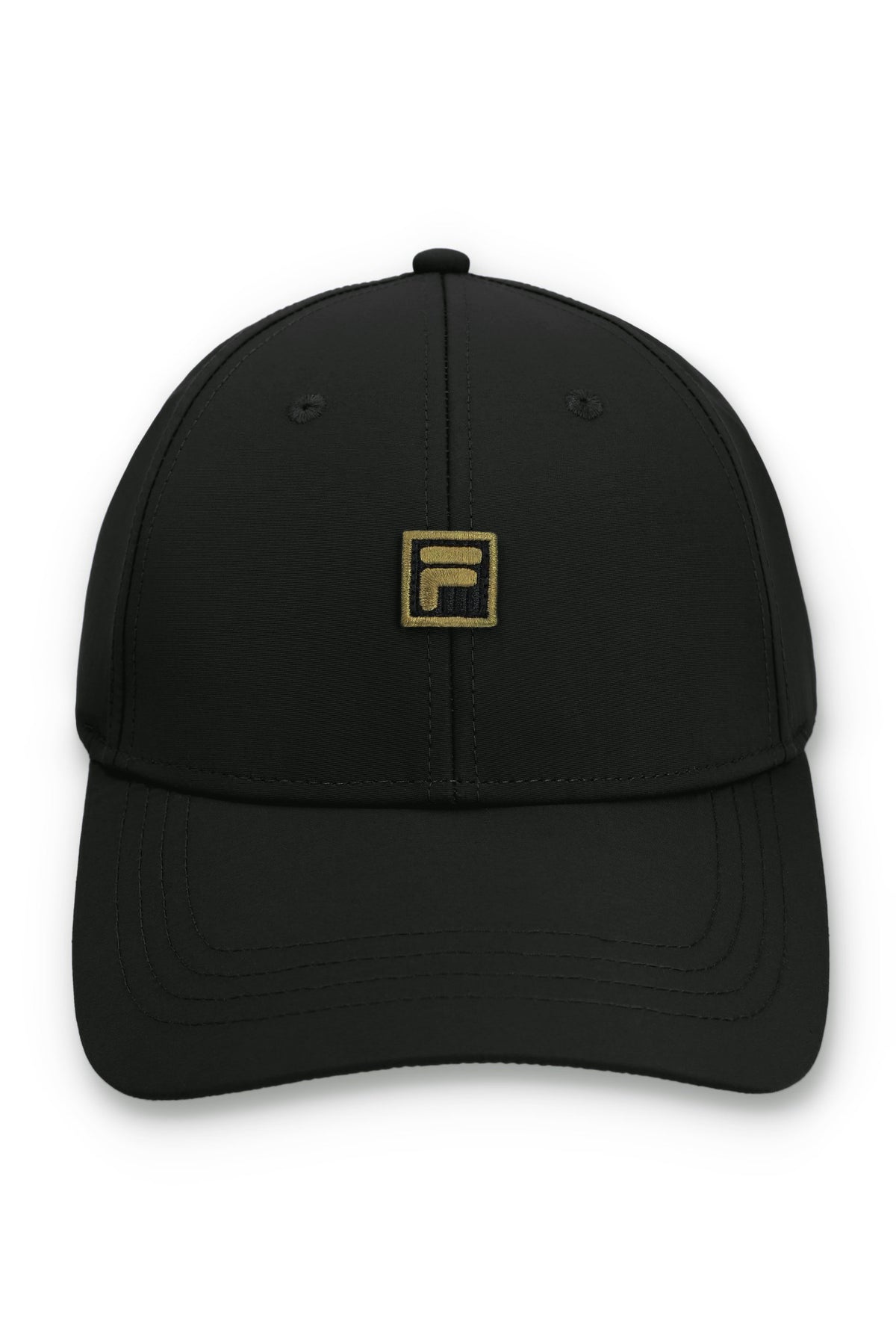 Black cap with a gold FILA logo on a white background