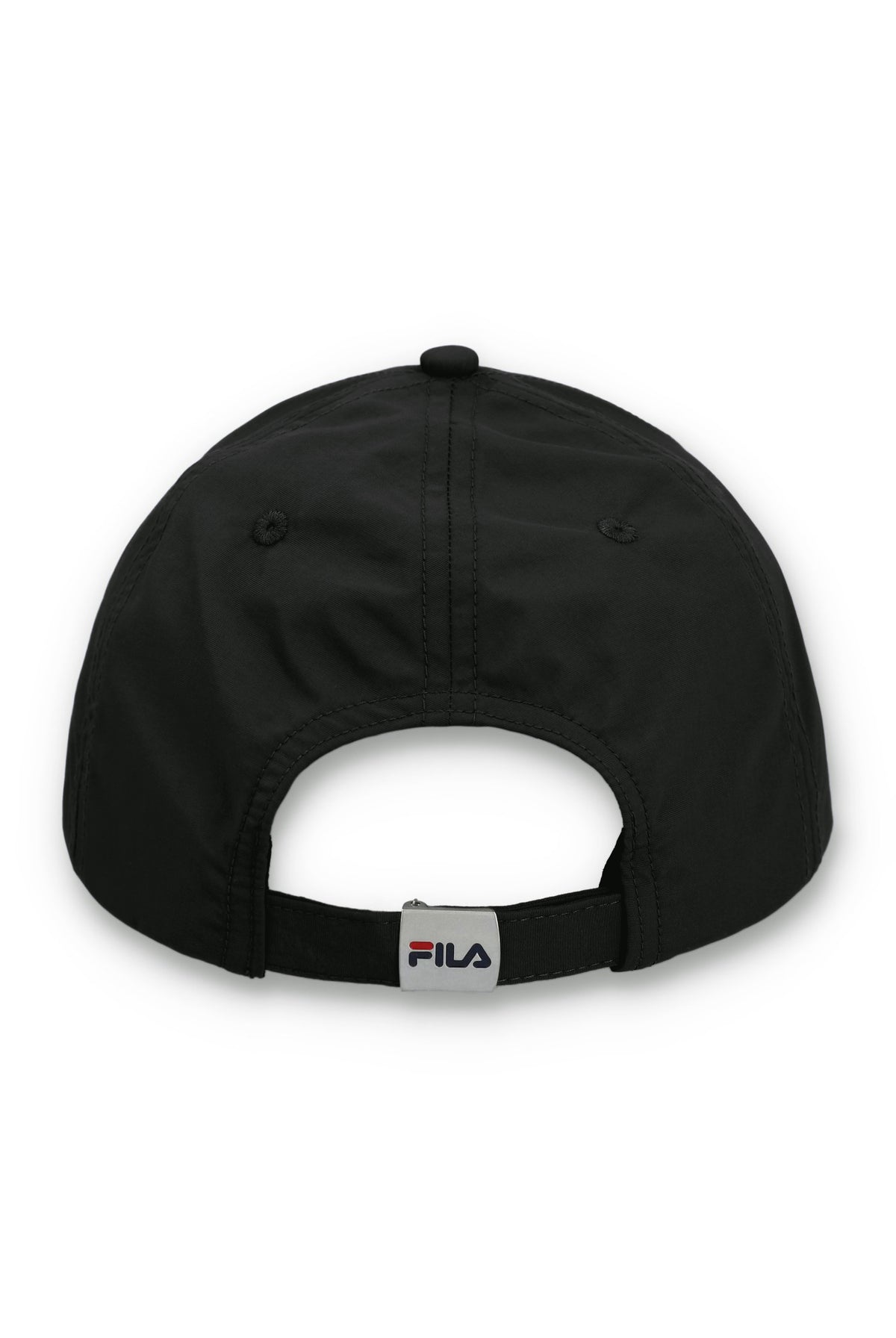 Black cap with a FILA logo on the strap on a white background