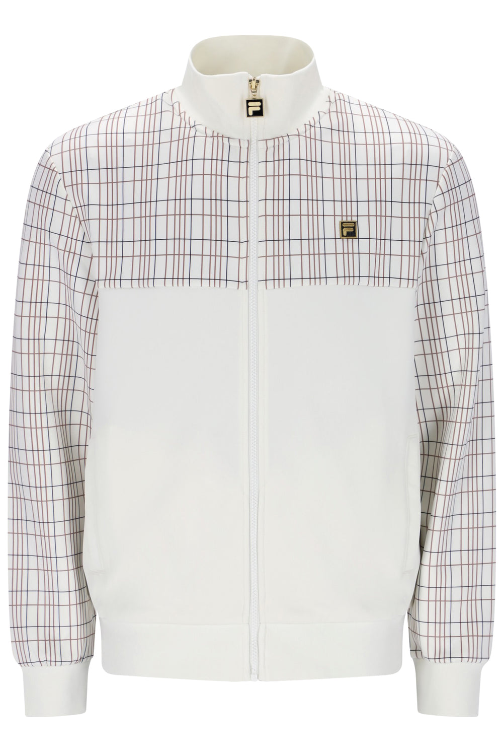 A white zip-up jacket with a high collar, featuring a white and red plaid pattern on the upper chest and sleeves, and a small gold-tone logo patch on the left chest.