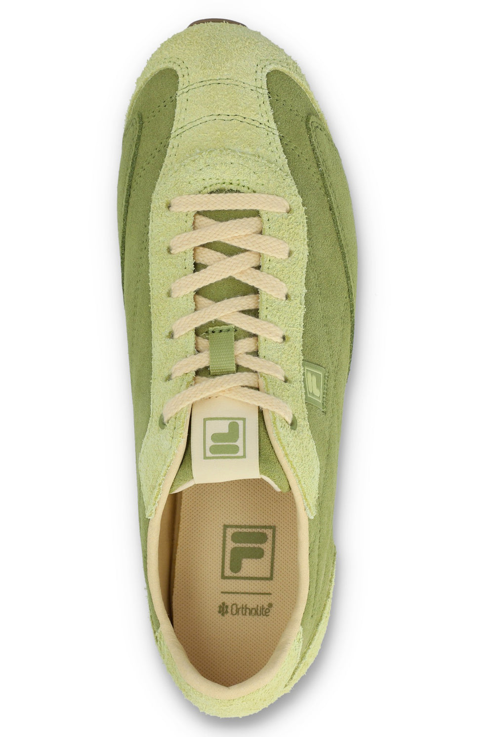 Overhead view of a FILA Ritmo trainer in green suede, showing the flat cream laces, tongue branding, and a branded cream OrthoLite insole against a white background.