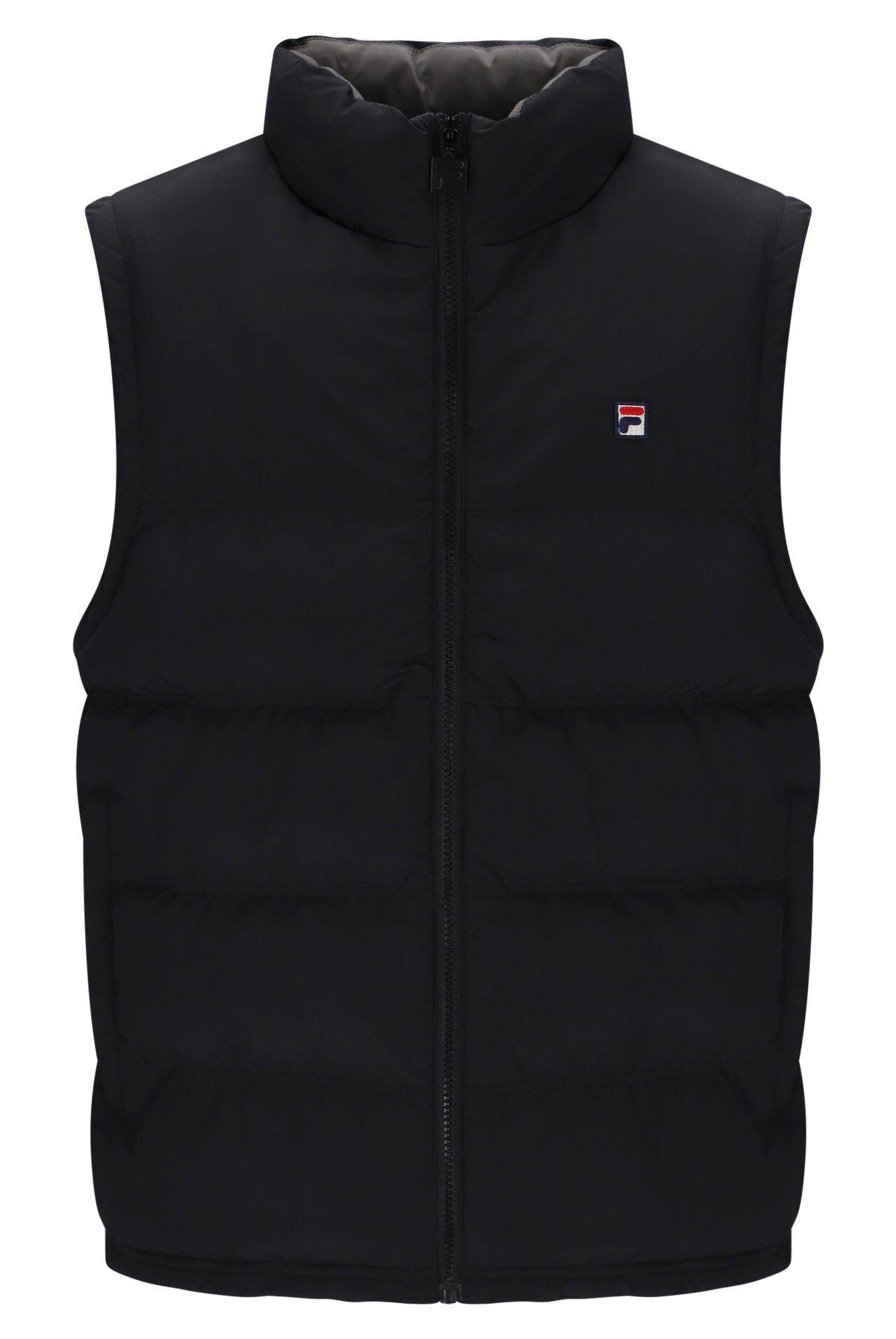 A black sleeveless puffer vest with a high stand-up collar and front zipper, featuring a small red, white, and blue Fila logo on the left chest, shown against a plain white background.