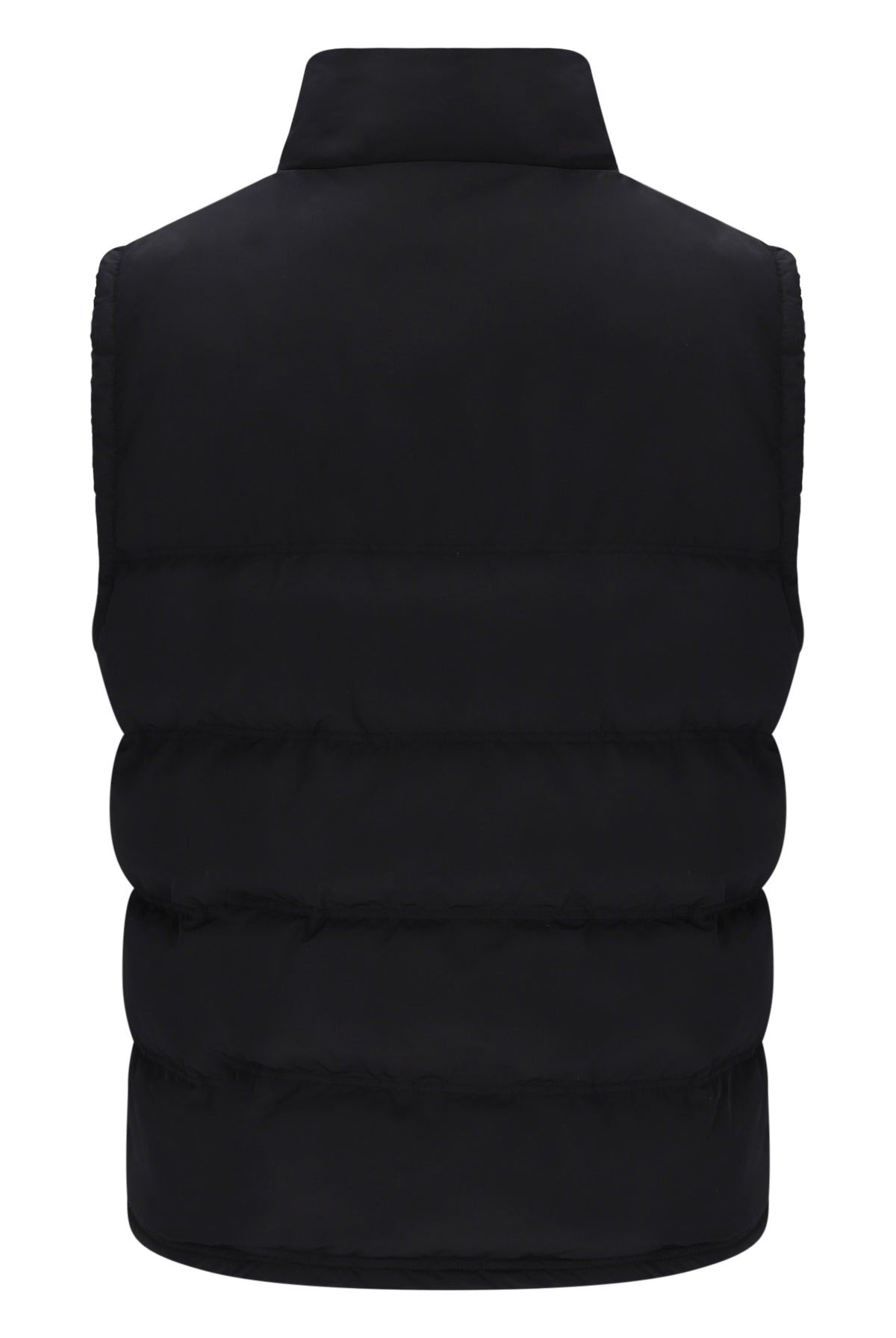 A black sleeveless puffer vest with horizontal quilting and a high stand-up collar, shown from the back on a plain white background.