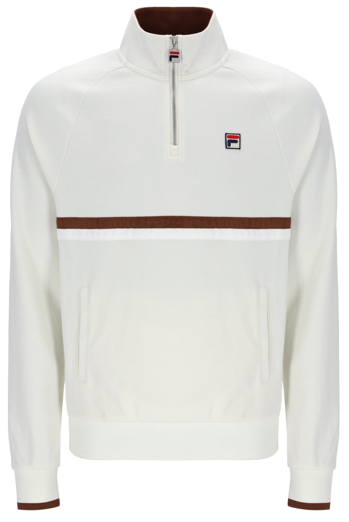 Displays the Gardenia 'FILA' branded Rolando 1/4 Zip Neck Sweatshirt