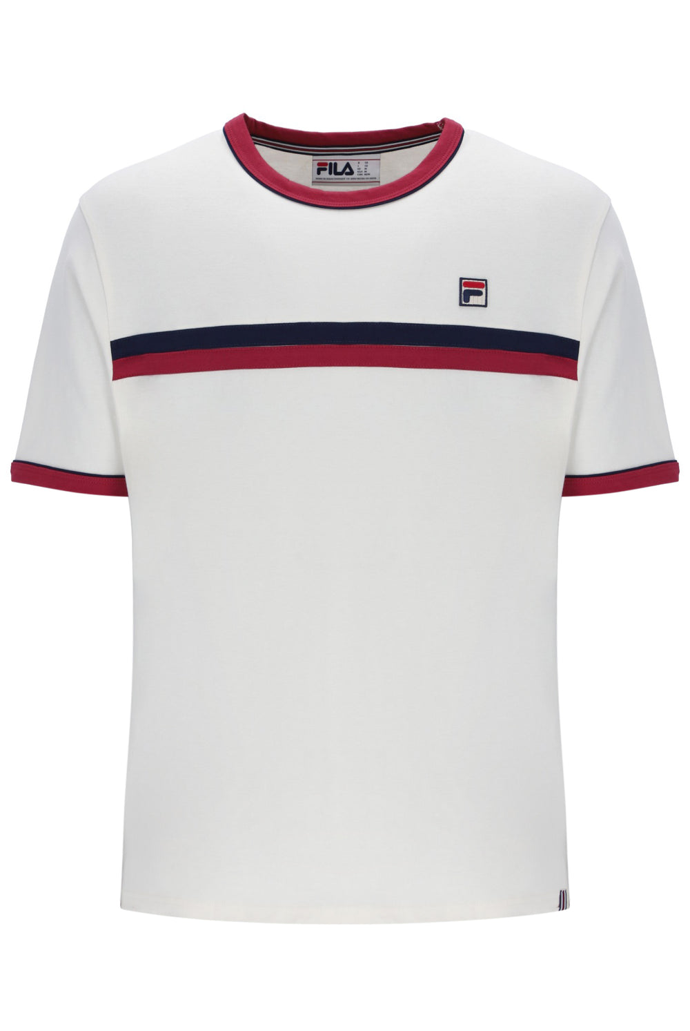 White t-shirt with red and blue stripes on a white background