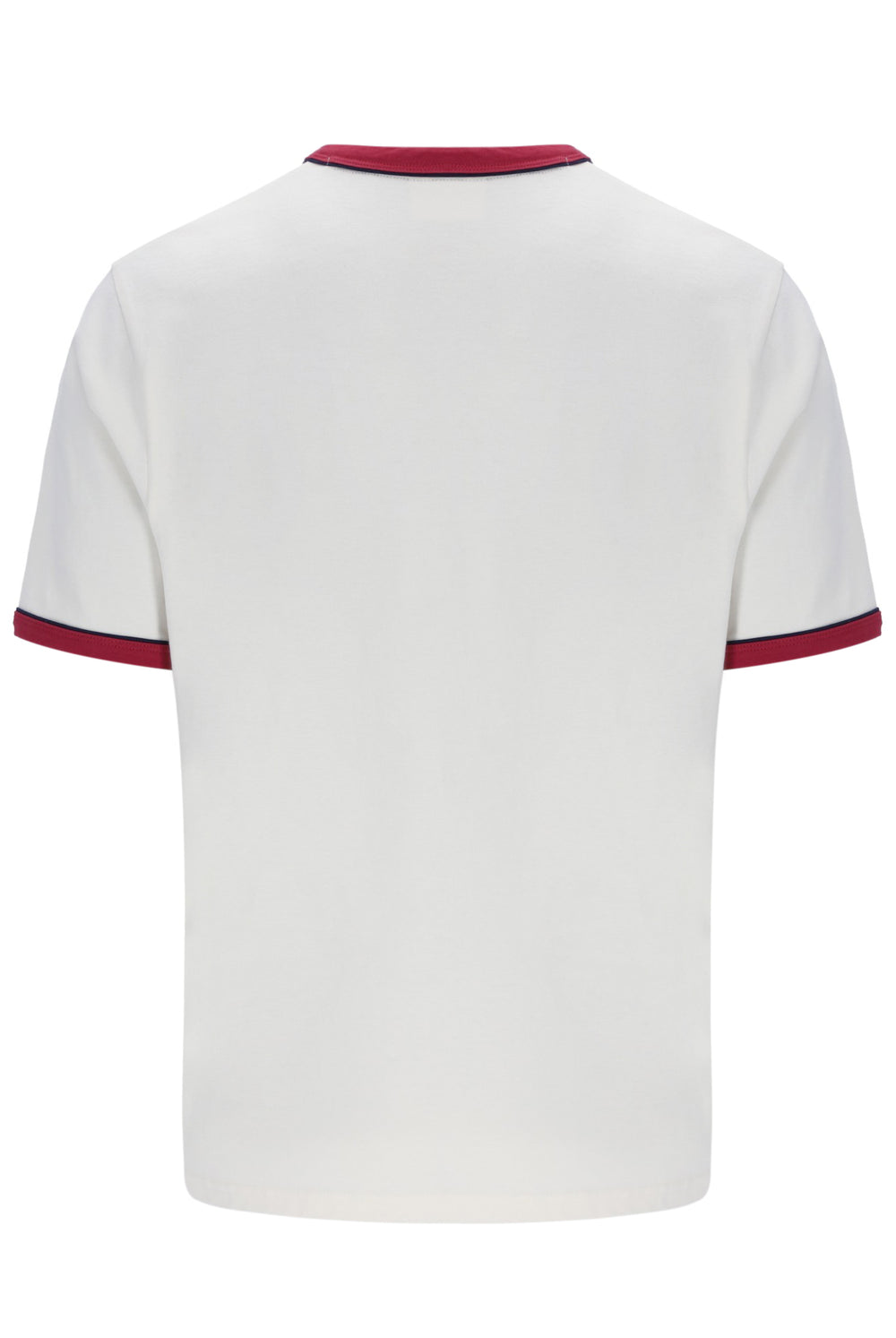 White t-shirt with red trim on a white background