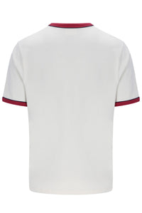 White t-shirt with red trim on a white background