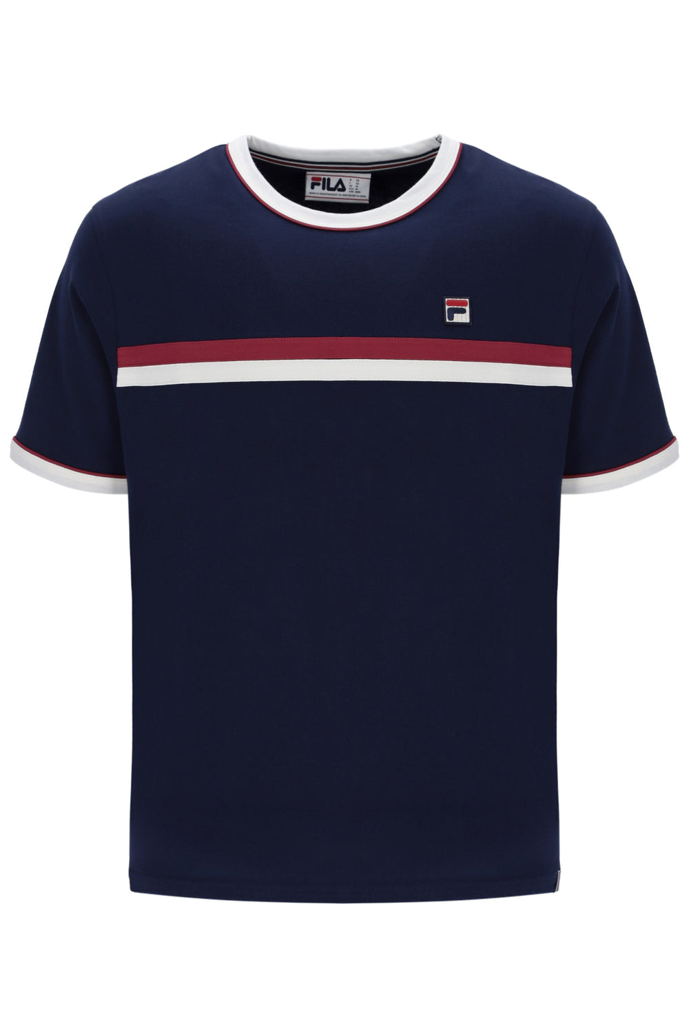 Navy blue t-shirt with red and white stripes on a white background