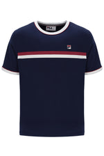 Navy blue t-shirt with red and white stripes on a white background