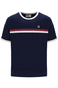 Navy blue t-shirt with red and white stripes on a white background