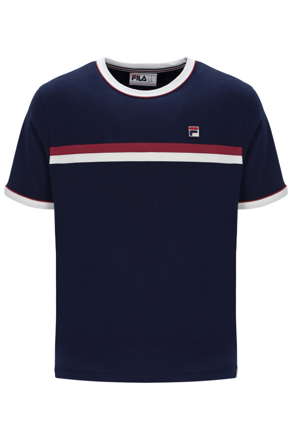 Navy blue t-shirt with red and white stripes on a white background