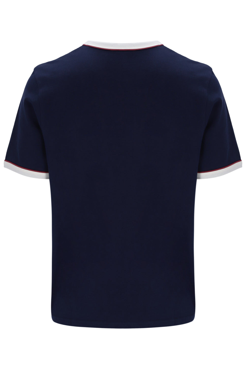 Navy blue t-shirt with white trim on a white background